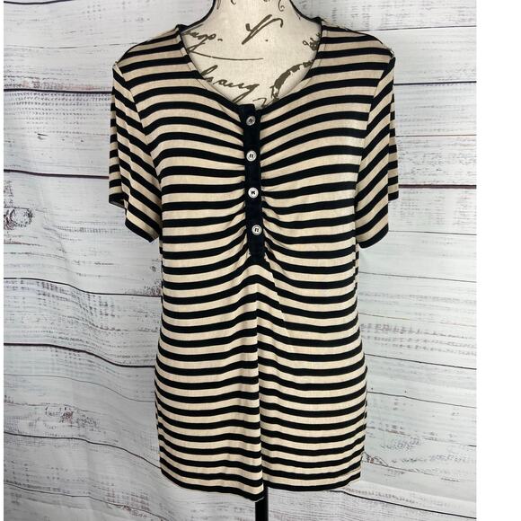 Chicos 2 Shirt Womens L Striped Slinky Stretch Short Sleeves 1/4 Buttons - Picture 1 of 11